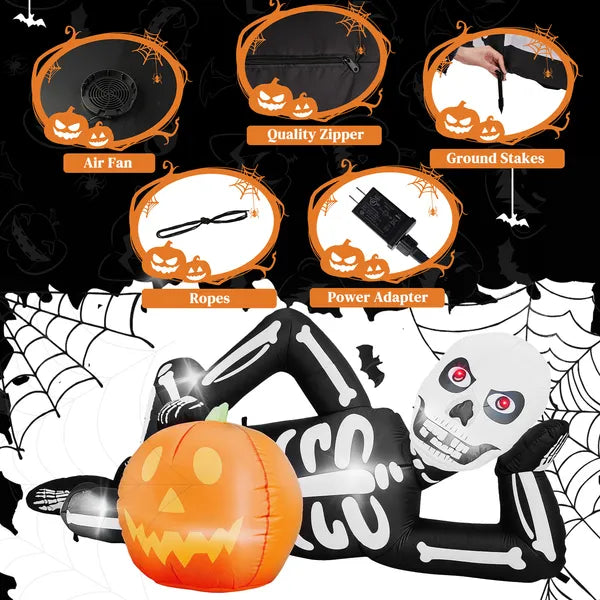 7 ft Inflatable Lying Skeleton with Pumpkin – photo 3