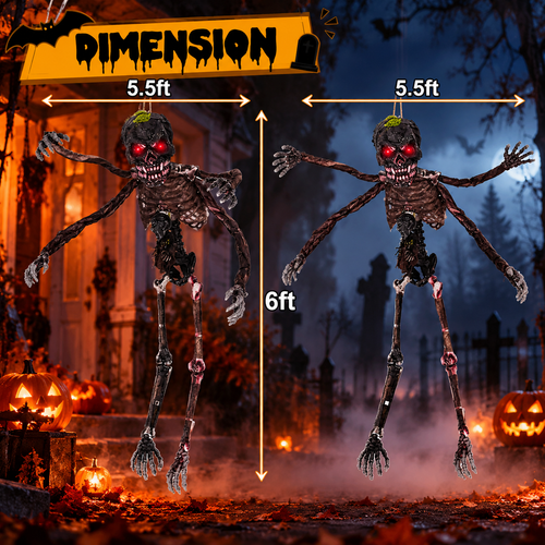 6 ft Animated Hanging Skeleton – Sound-Activated, Glowing Red Eyes, Poseable Arms