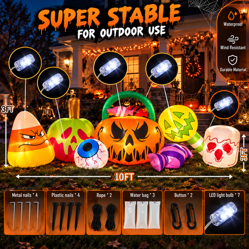 10 ft Inflatable Halloween Candy Set (7 Pieces) – Light-Up Pumpkin Bucket, Candy Corn & More
